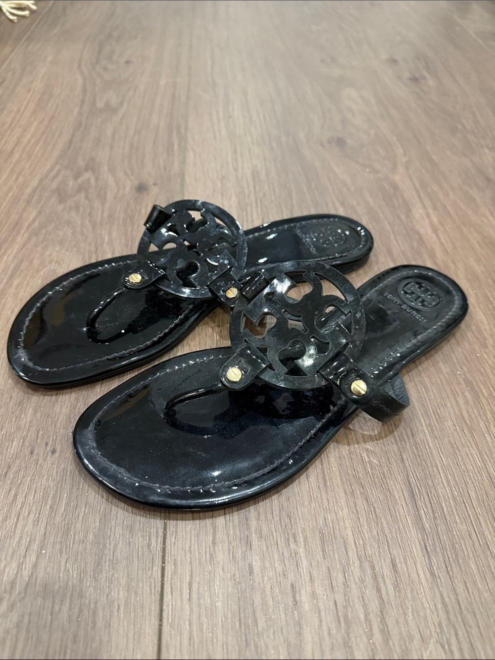 Tory Burch Black Patent Logo Thong Sandals